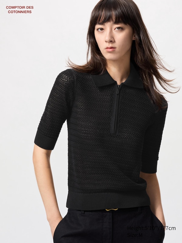 

Хлопковый джемпер-поло с короткими рукавами и открытой молнией Uniqlo, черный