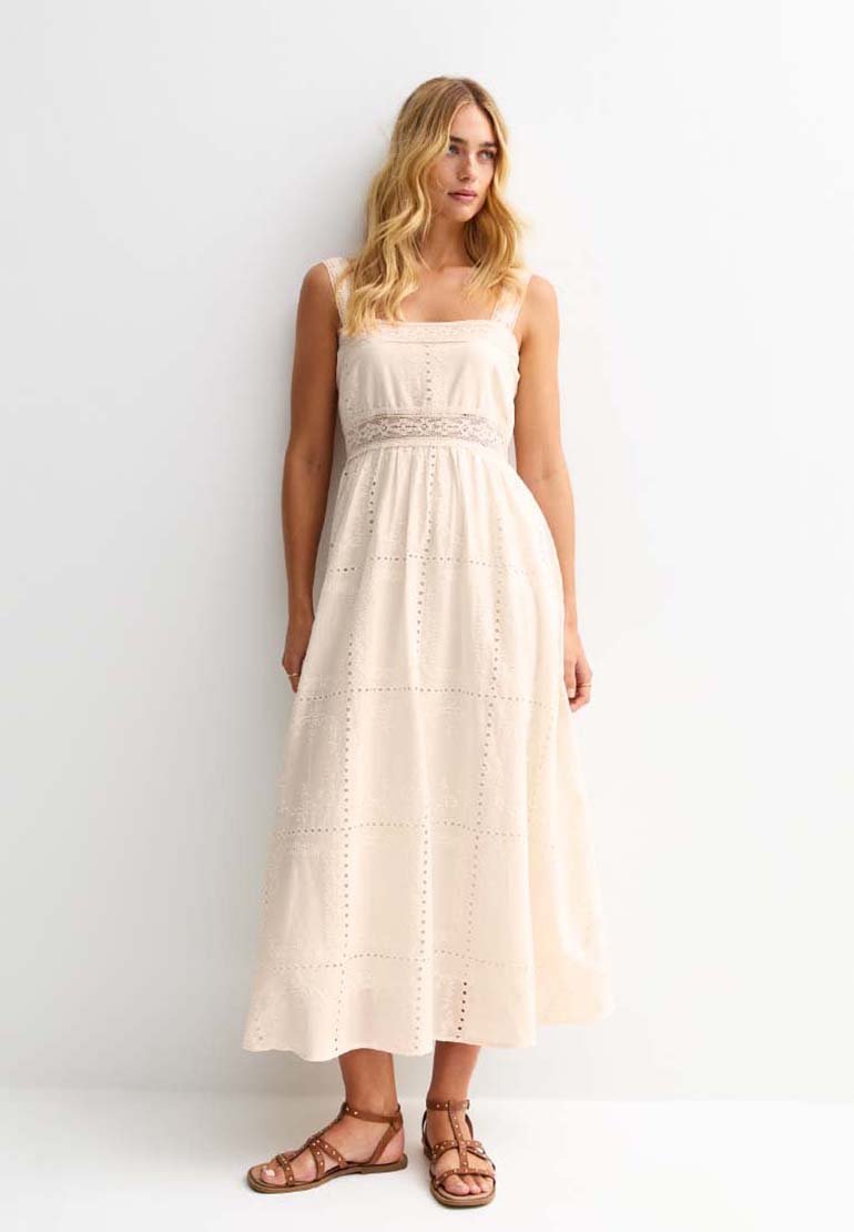 

Повседневное платье BRODERIE TRIMMED SQUARE NECK MIDI New Look, бежевый