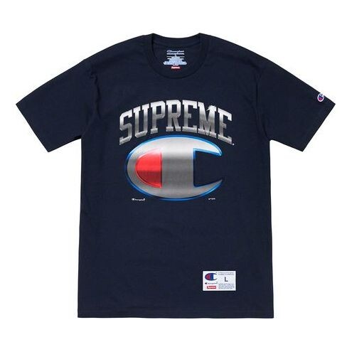 

Футболка ss19 x champion chrome s/s top crossover short sleeve navy blue Supreme, синий