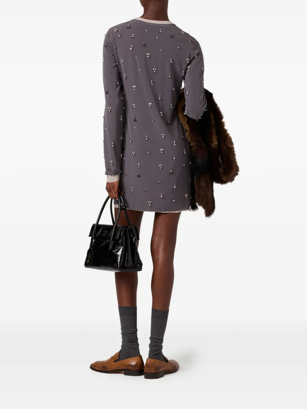Вышитое мини-платье с длинными рукавами Miu Miu, серый — фото 3