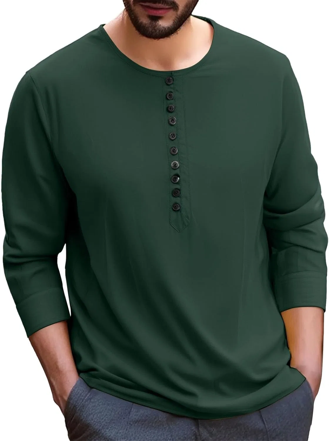 Футболка с длинным рукавом, хлопковая, полузастежка, мужская, Blackish Green