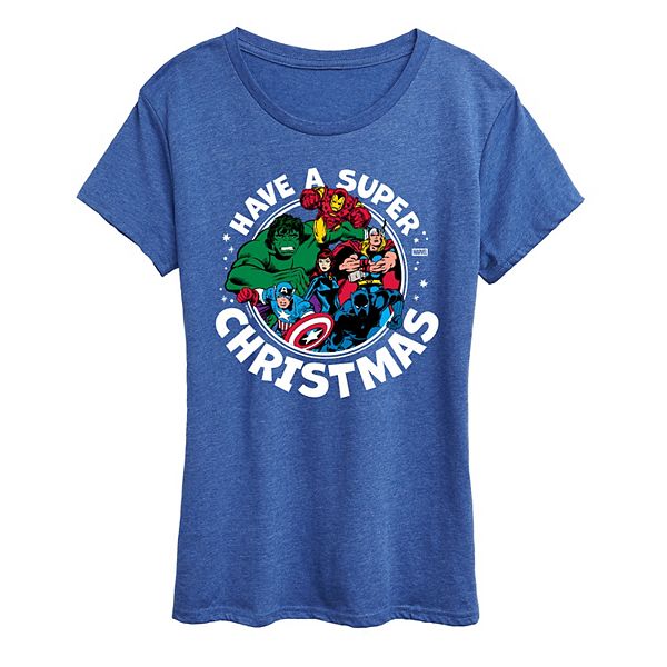 

Женская футболка с новогодним принтом Marvel, Heather Royal Blue