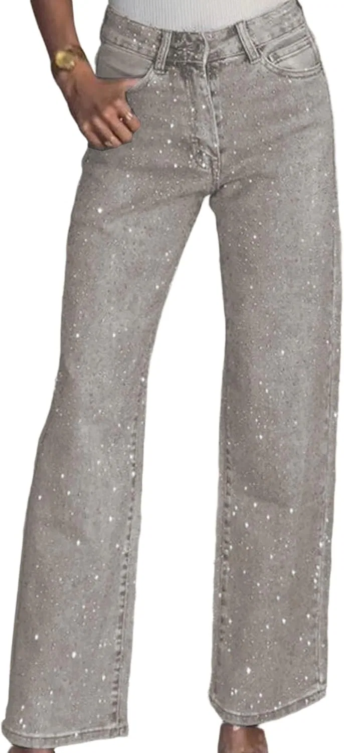 Джинсы прямые с пайетками, Light Gray