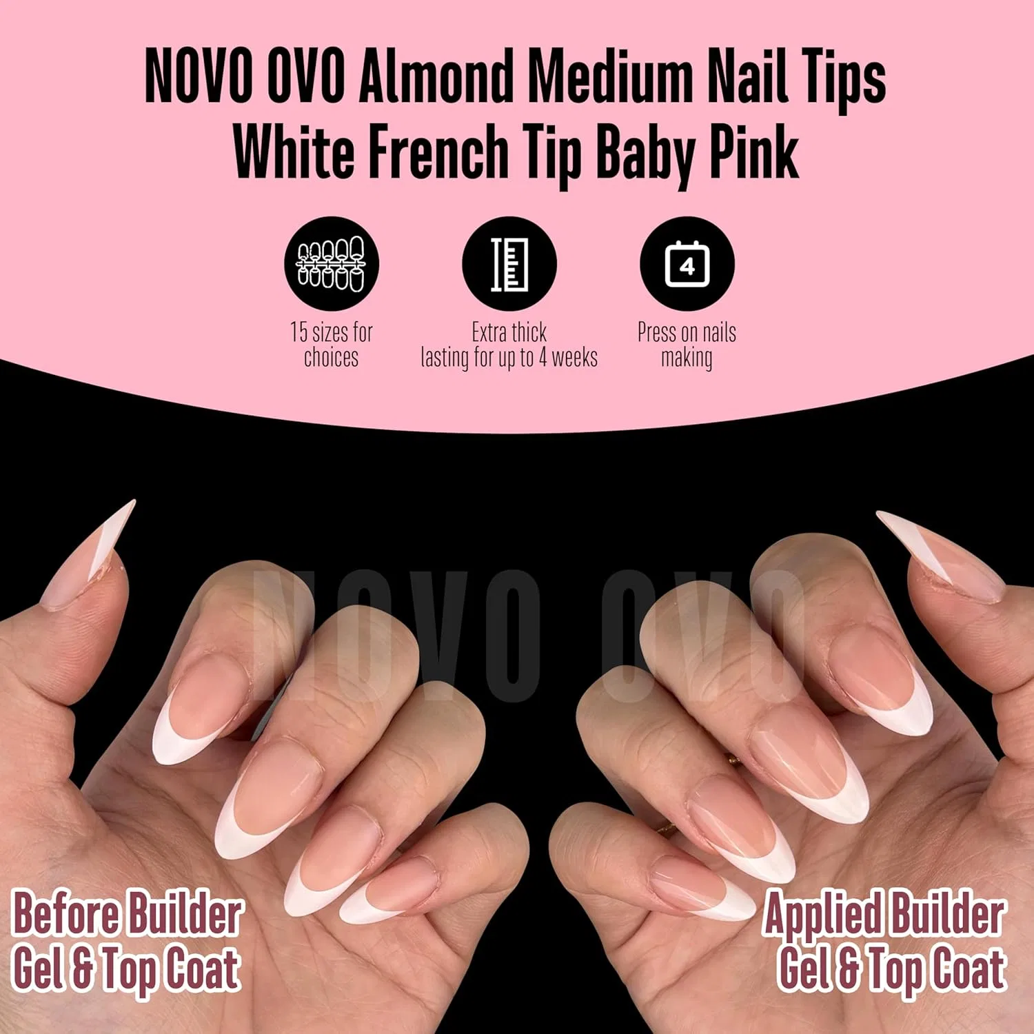 Набор накладных ногтей «White French Tip Almond» от NOVO OVO (240 шт.) Novo Ovo, Medium Almond White French Tip Baby Pink 240_Eu — фото 3