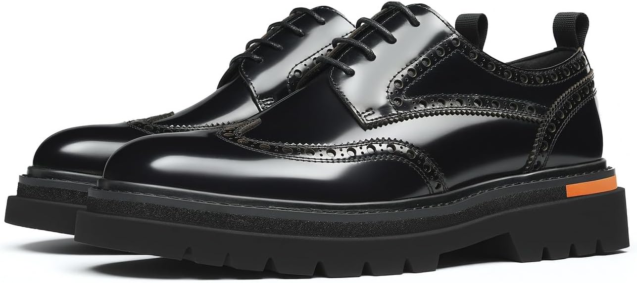 

Мужские классические туфли Santimon Wingtip Brogue на шнуровке с грубой подошвой - блестящие дерби из натуральной кожи для повседневного ношения, деловых встреч, выпускного и свадьбы, черный
