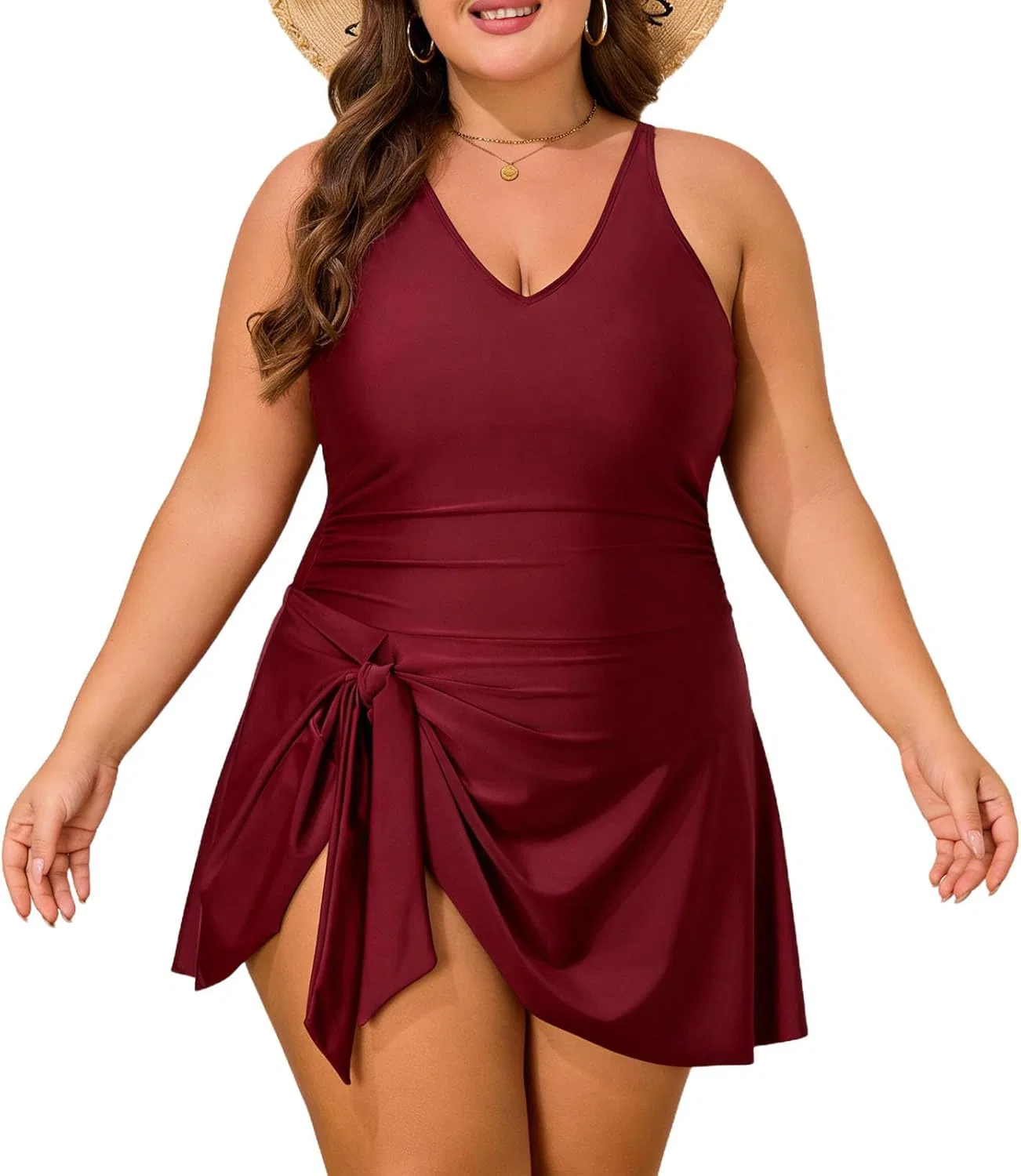 Купальник для женщин Plus Size с эффектом коррекции живота, V-образным вырезом, эластичным бантом и юбкой Generic, красный