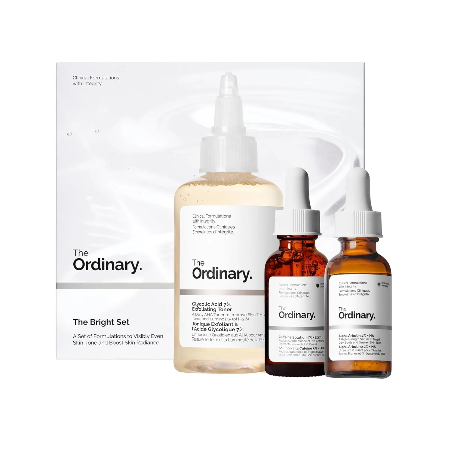 The Ordinary The Bright Set, 3-шаговая система для сияния и ровного тона кожи с тоником Glycolic Acid 7%, сывороткой Alpha Arbutin 2% + HA и средством Caffeine Solution 5% + EGCG