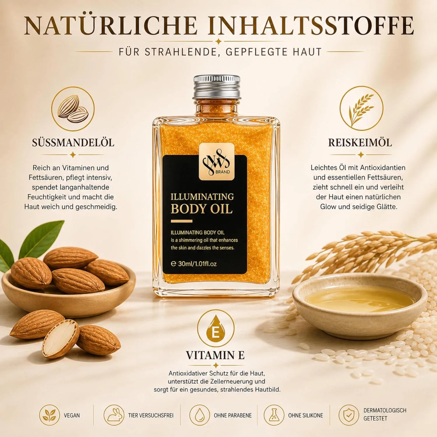 Набор мерцающего масла для тела Glow Body Oil с золотым шиммером, 2 x 30 мл Nw Brand — фото 4