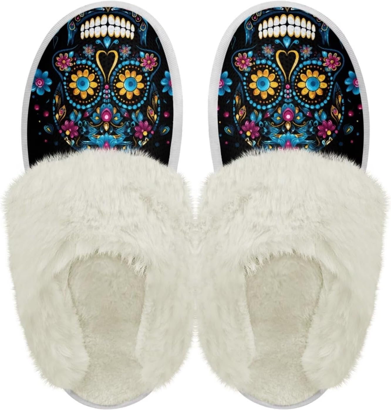 

Тапочки chaqlin Fuzzy из плюша для женщин и мужчин, мягкие, комфортные, легкие, из фланели с меховой отделкой, с нескользящей водонепроницаемой подошвой для дома и улицы, Sugar Skull