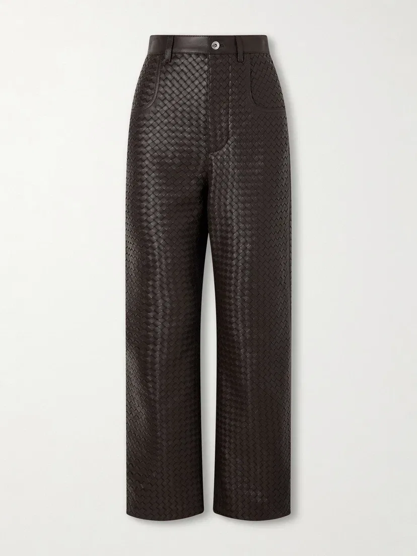 Брюки из кожи Intrecciato прямого кроя BOTTEGA VENETA, коричневый