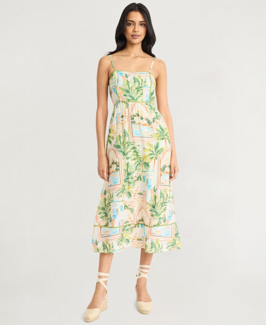 

Женское миди-платье с отделкой кантом и принтом в виде открытки The Good Journey, Wht/peach