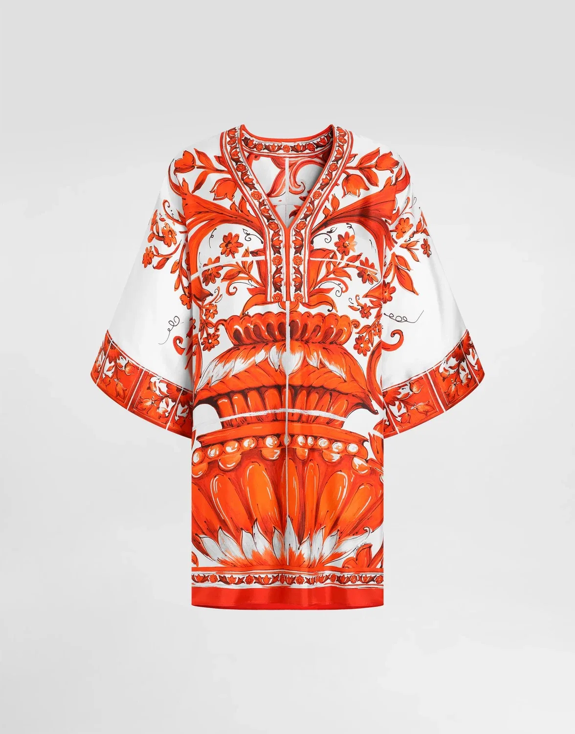 Короткое платье-кимоно из твила с принтом «Майолика» DOLCE & GABBANA, бежевый