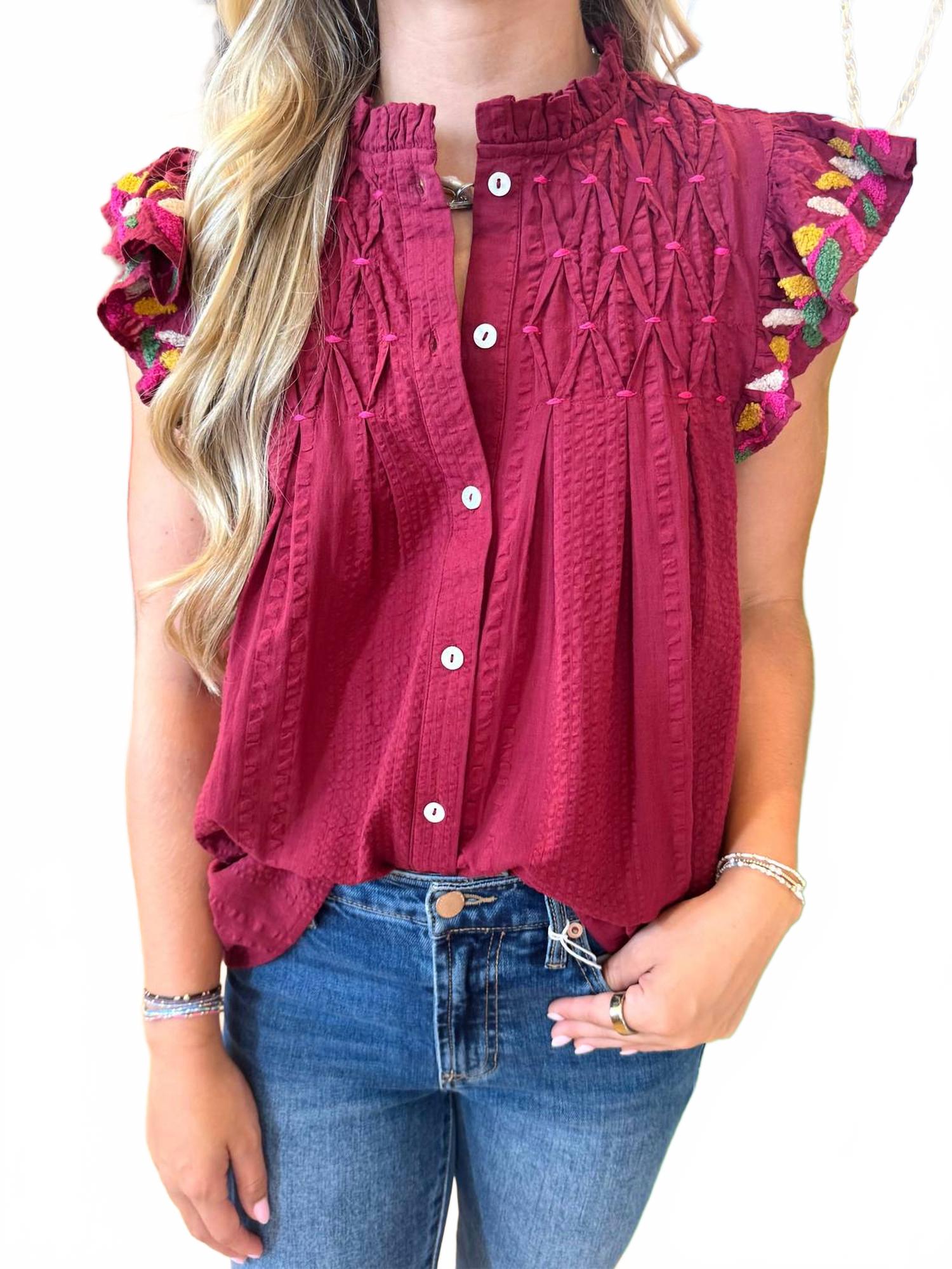 

Женский топ на пуговицах с вышивкой и рукавами-крылышками, красный Thml, красный