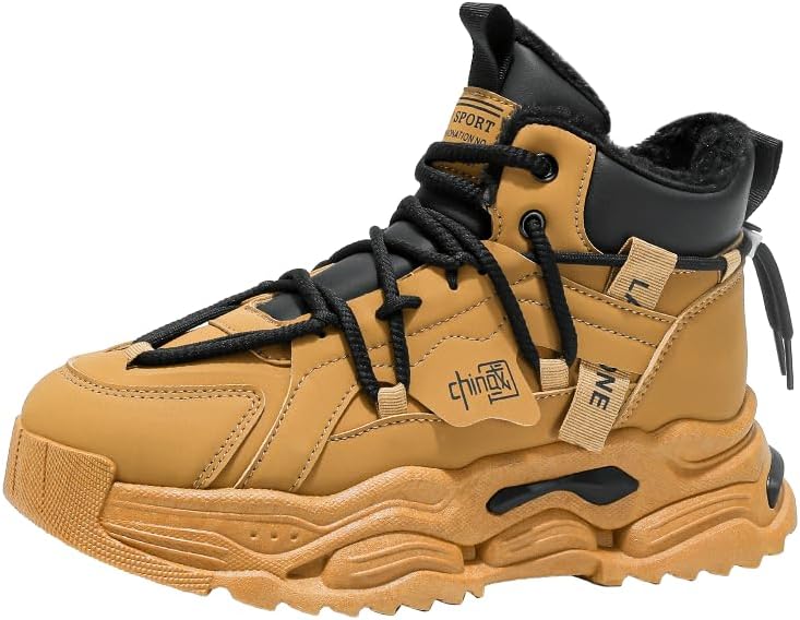 

Мужские кроссовки HCHCTRY на шнуровке с зимним плюшем, удобные, модные высокие на платформе для прогулок на свежем воздухе, бега и кемпинга, Camel