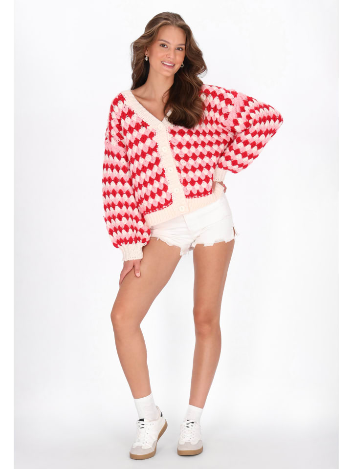 

Женский кардиган красного цвета с разноцветными вставками myMo