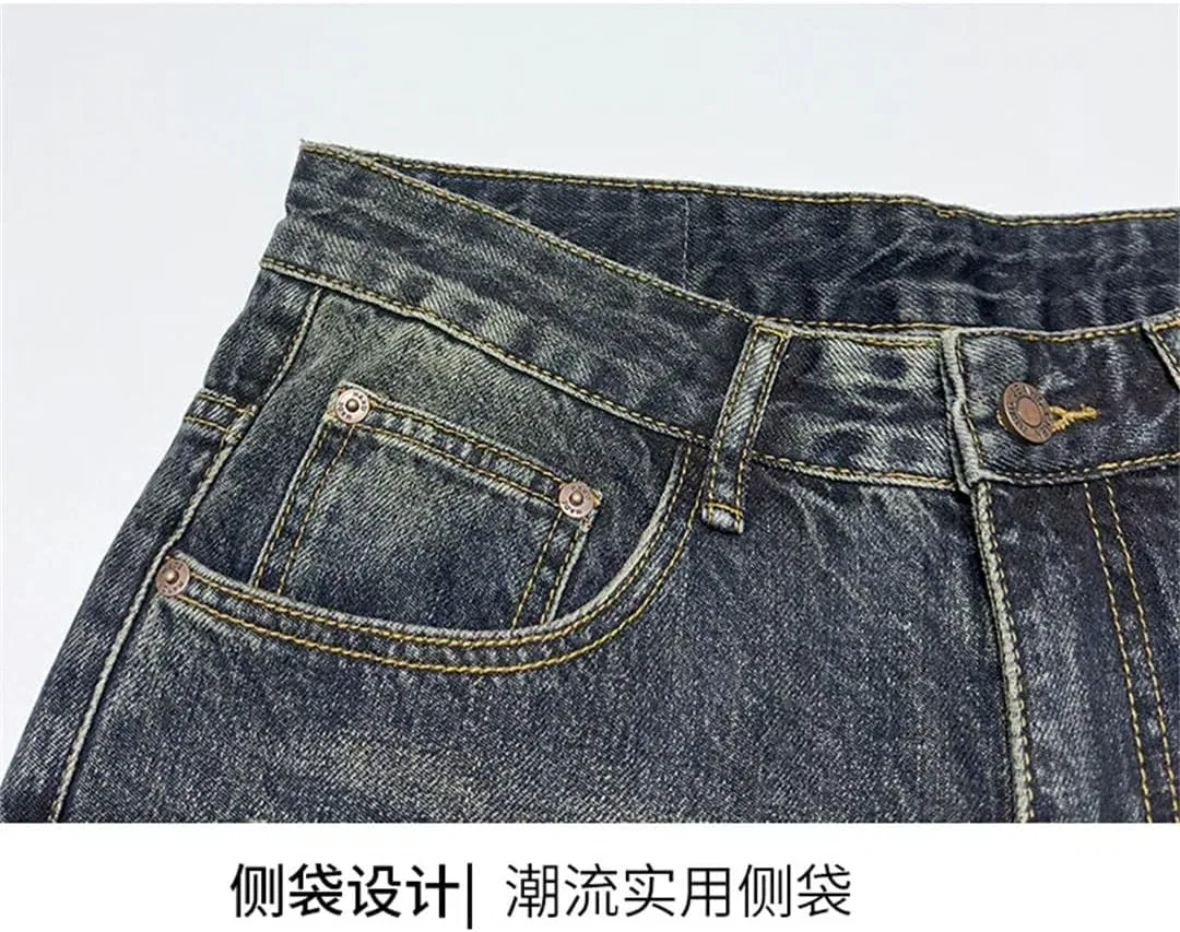 Джинсы потертые, Men's Vintage Frayed Edge Tapered Jeans Loose Fit Jeans, retro blue — фото 3