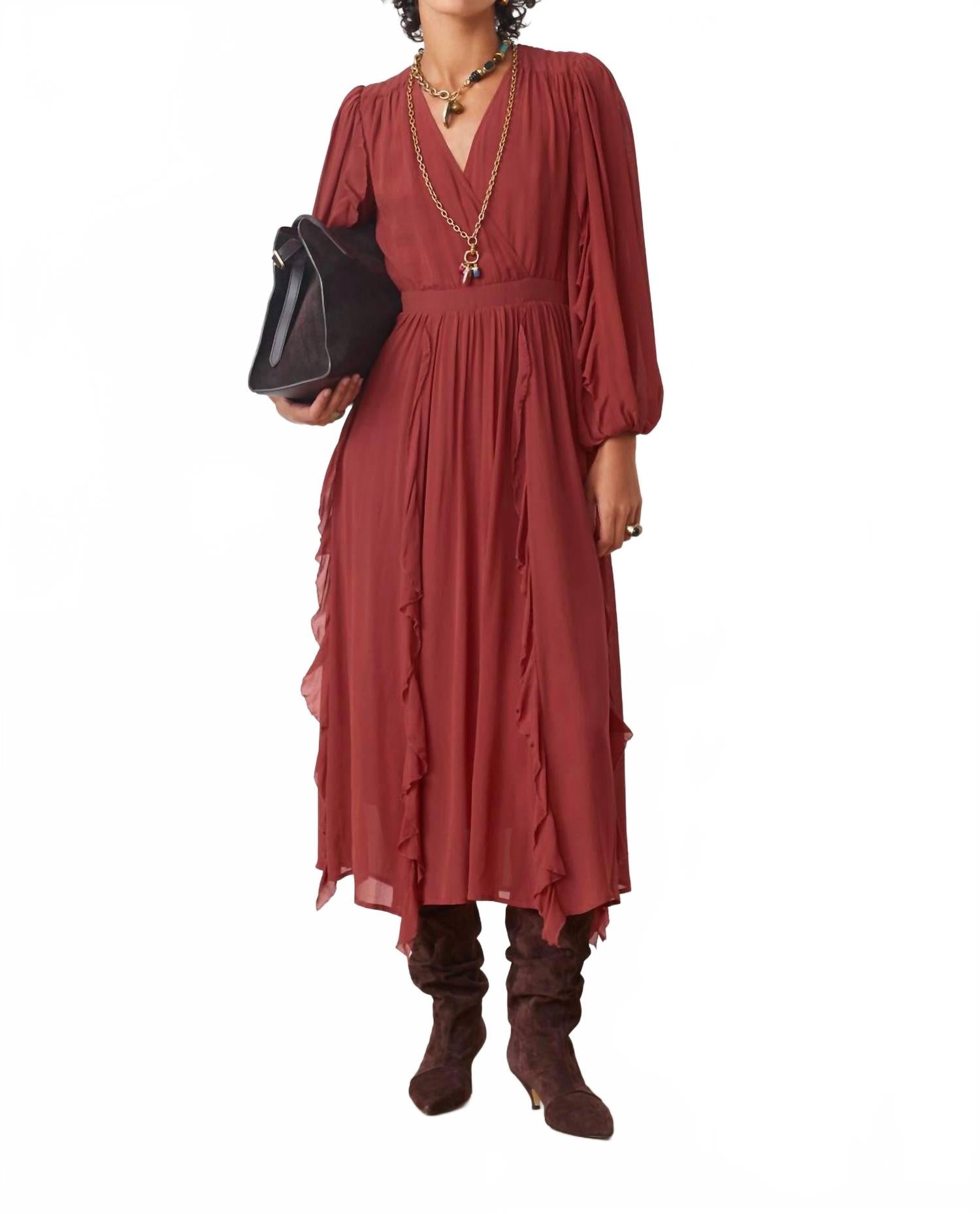 

Платье миди с V-образным вырезом терракотового цвета Suncoo, терракотовый