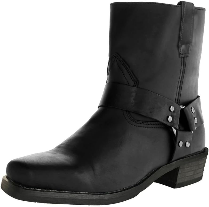 

KYOESCAI Мужские западные ковбойские ботинки с ремнем, квадратные носки, массивные ботинки на каблуке Прочные короткие ботинки для активного отдыха, черный