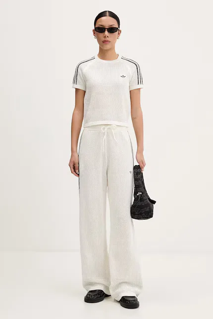 Топ с коротким рукавом ажурный кроп-топ Adidas Originals, бежевый — фото 2