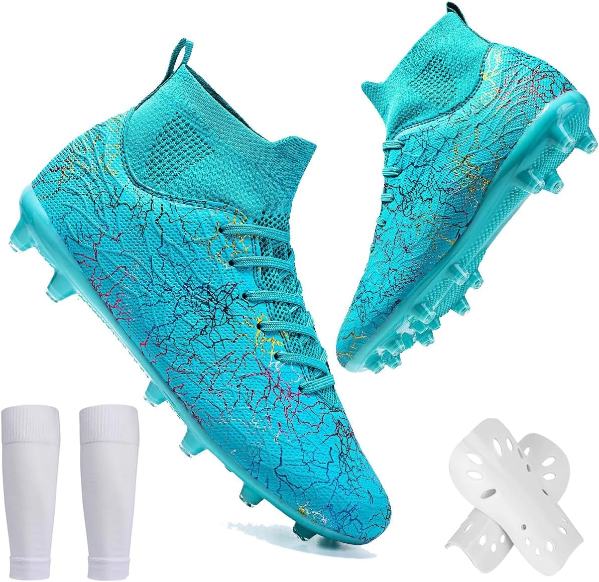 

Футбольные бутсы Spedify унисекс высокие для детей, подростков и взрослых, кроссовки с прочным кожаным верхом для искусственного газона, для тренировок, семейные футбольные бутсы с носками и щитками, синий