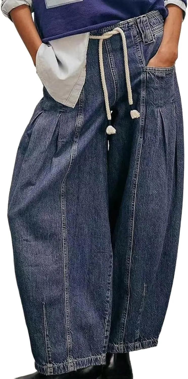 

Женские джинсы с кулиской и широкими штанинами