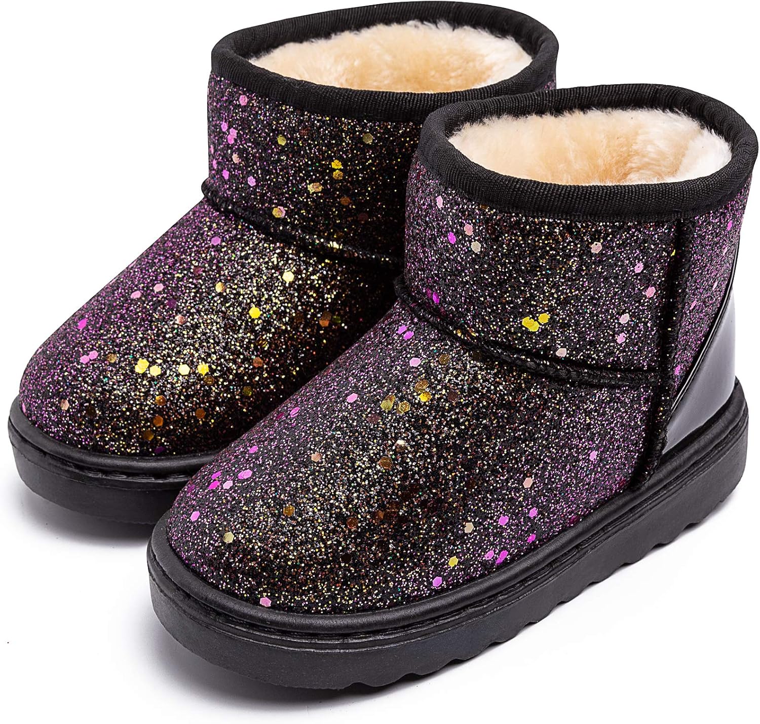 

Techcity Boys Girls Winter Warm Snow Boots Sequin Fur Lined Waterproof Boot Glitter Princess Outdoor Shoes(Toddler/Little Kid), Glitter Black