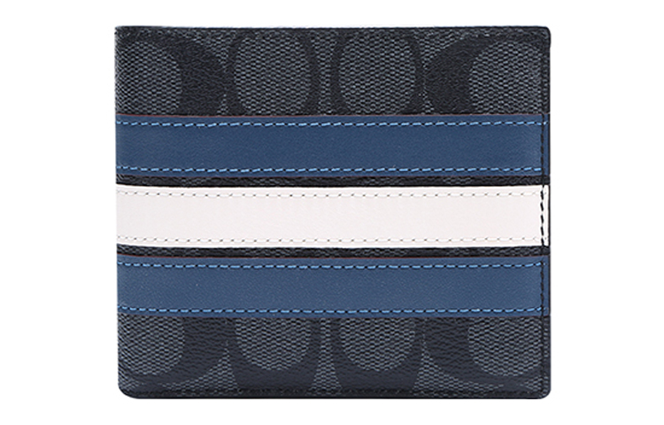 

Кошелек 3 в 1 из холста с кожаными вставками мужской старинный цветочный принт черно-синий с белыми полосками COACH