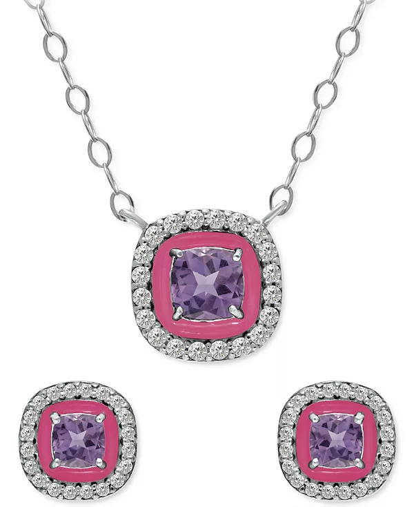 

Комплект из двух кулонов с голубым топазом (1/2 карата), кубическим цирконием и эмалью, а также серьги-гвоздики (также из выращенного в лаборатории опала, зеленого кварца и аметиста), созданные для Macy's. Giani Bernini, amethyst/rose