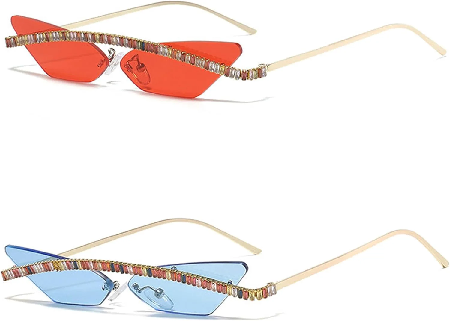 

Willochra Модные солнцезащитные очки «кошачий глаз» с бриллиантами для женщин, без оправы, со стразами, треугольные, винтажные, с блестками, 2pcs-red&blue