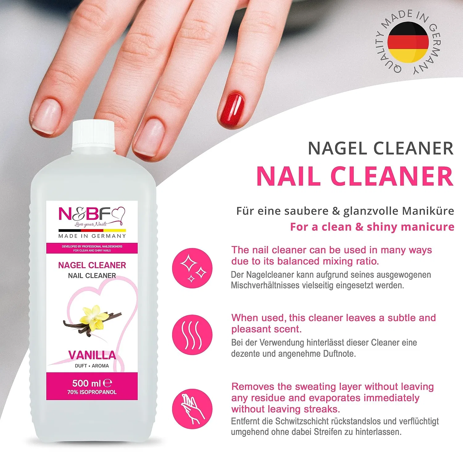 Набор N&BF Nail Cleaner с ароматом ванили: 500 мл очистителя, помпа-дозатор 150 мл, 1000 целлюлозных салфеток Nails Factory — фото 2