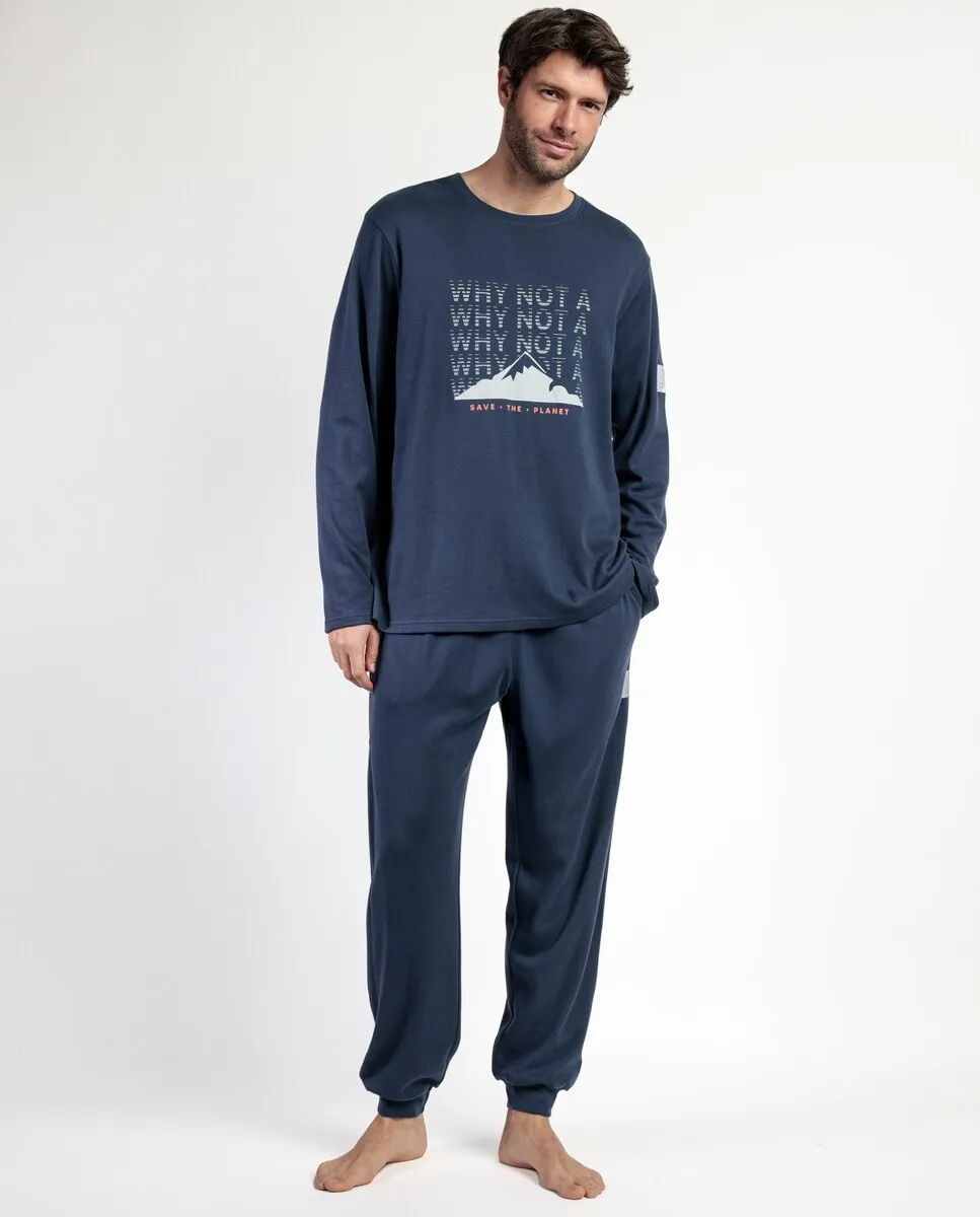 

Длинная мужская пижама из хлопкового трикотажа синего цвета Admas