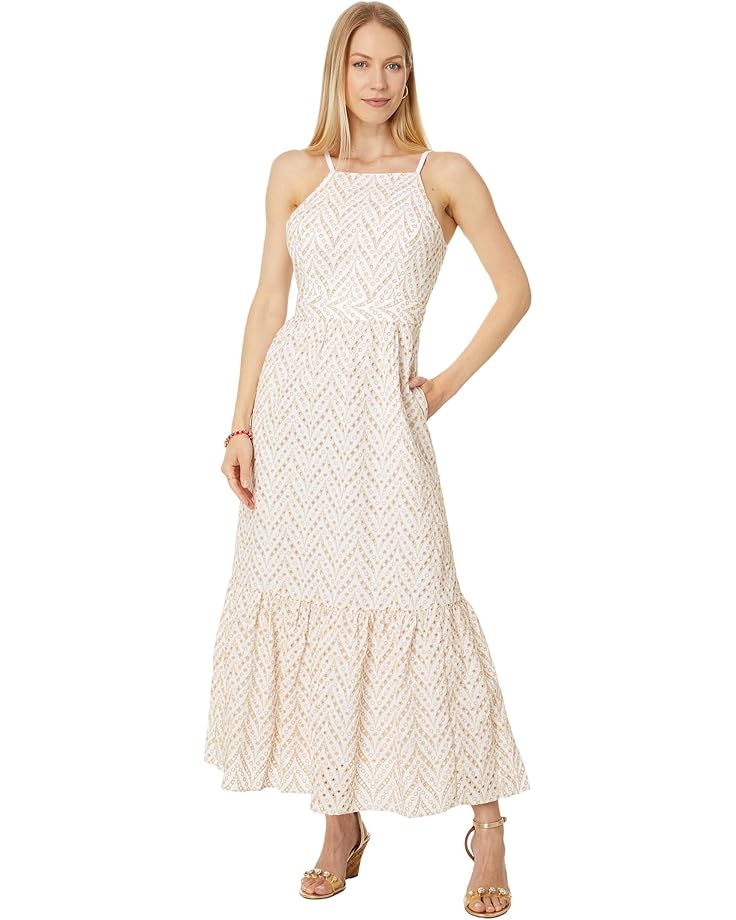 

Платье Lilly Pulitzer Charlese Eyelet Halter Maxi Dress, цвет Sand Bar Mermaid Tail Metallic Eyelet