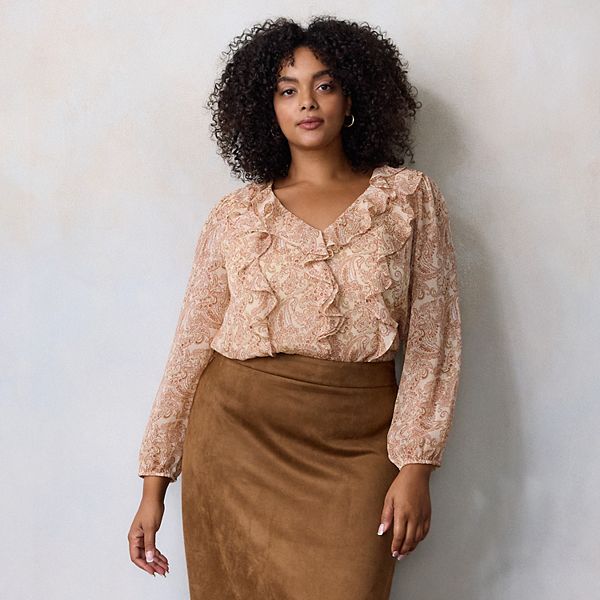 

Топ с V-образным вырезом и длинными рукавами с каскадными рюшами Plus size Lc Lauren Conrad, Beige Amber Paisley