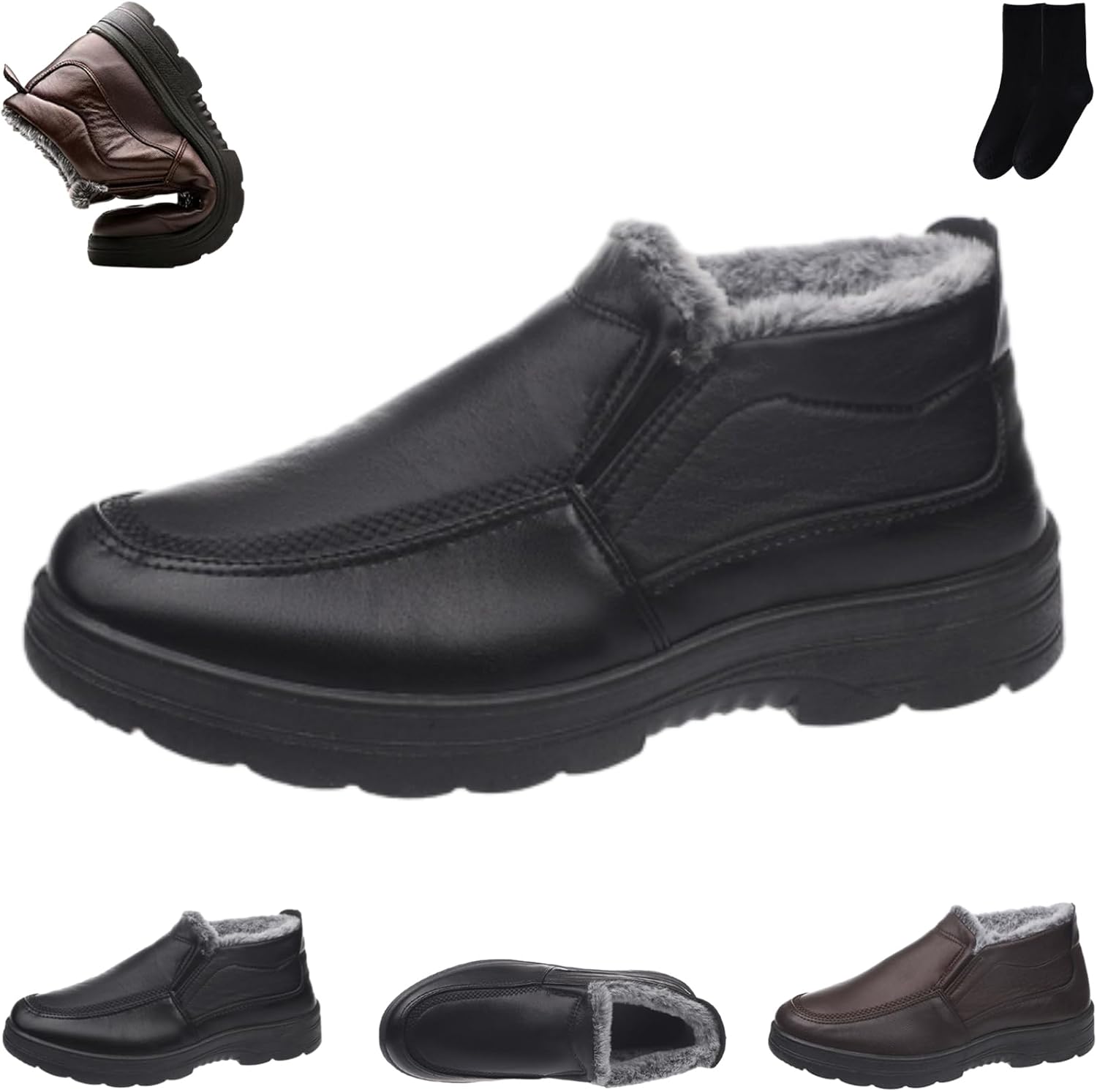 

Мужские зимние утепленные водонепроницаемые кожаные ортопедические ботинки, наружная меховая подкладка, удобные ботинки на каждый день, слипоны, лоферы для мужчин, легкая противоскользящая обувь для снега Xylawave, черный