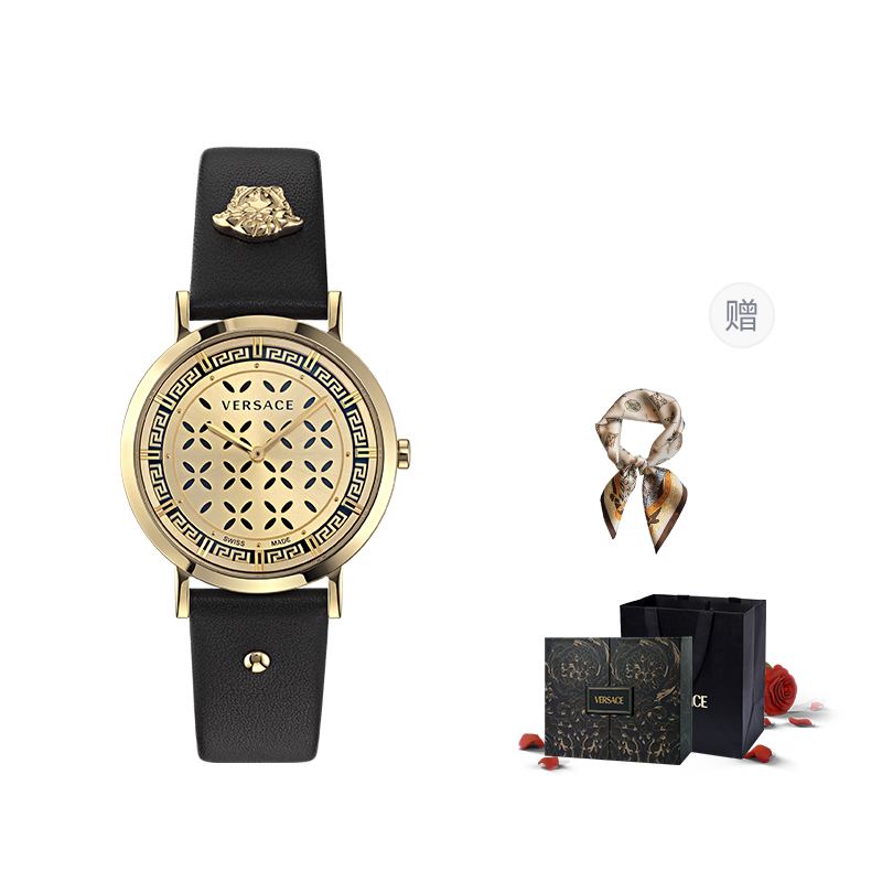 

VERSACE Часы Wrist Watch Quartz Movement Cow Leather Strap 36mm Gold Dial Women's Watch Box Limited Edition+Silk Scarf, Gift Box Set