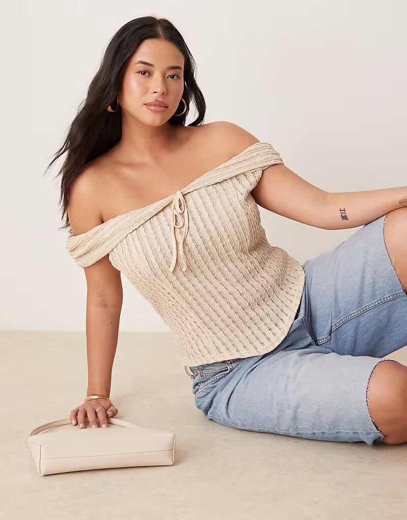 

Топ ASOS DESIGN Curve с текстурой бардо и завязками в каменном цвете ASOS Curve