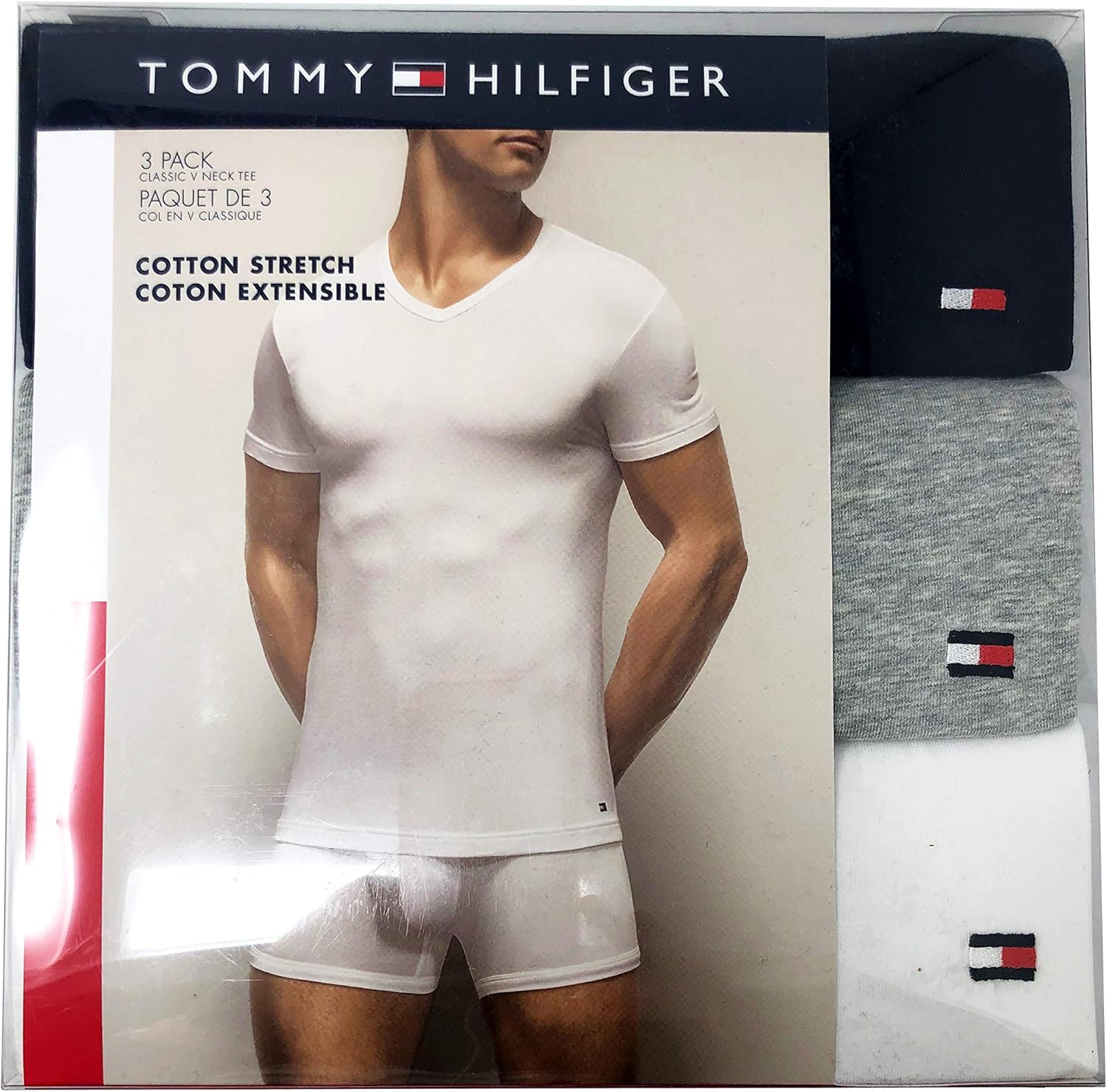 Мужская футболка Tommy Hilfiger из хлопка и эластичного хлопка с классическим V-образным вырезом (комплект из 3 пар), Multi — фото 2