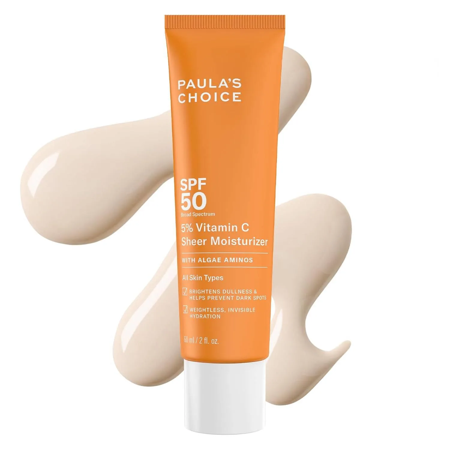 Paula's Choice 5% Vitamin C Sheer Sunscreen для лица, SPF 50, увлажняющий, легкий невидимый, предотвращает темные пятна, без белого налета, для всех типов кожи, защита от UVA/UVB, без отдушки, 60 мл, white