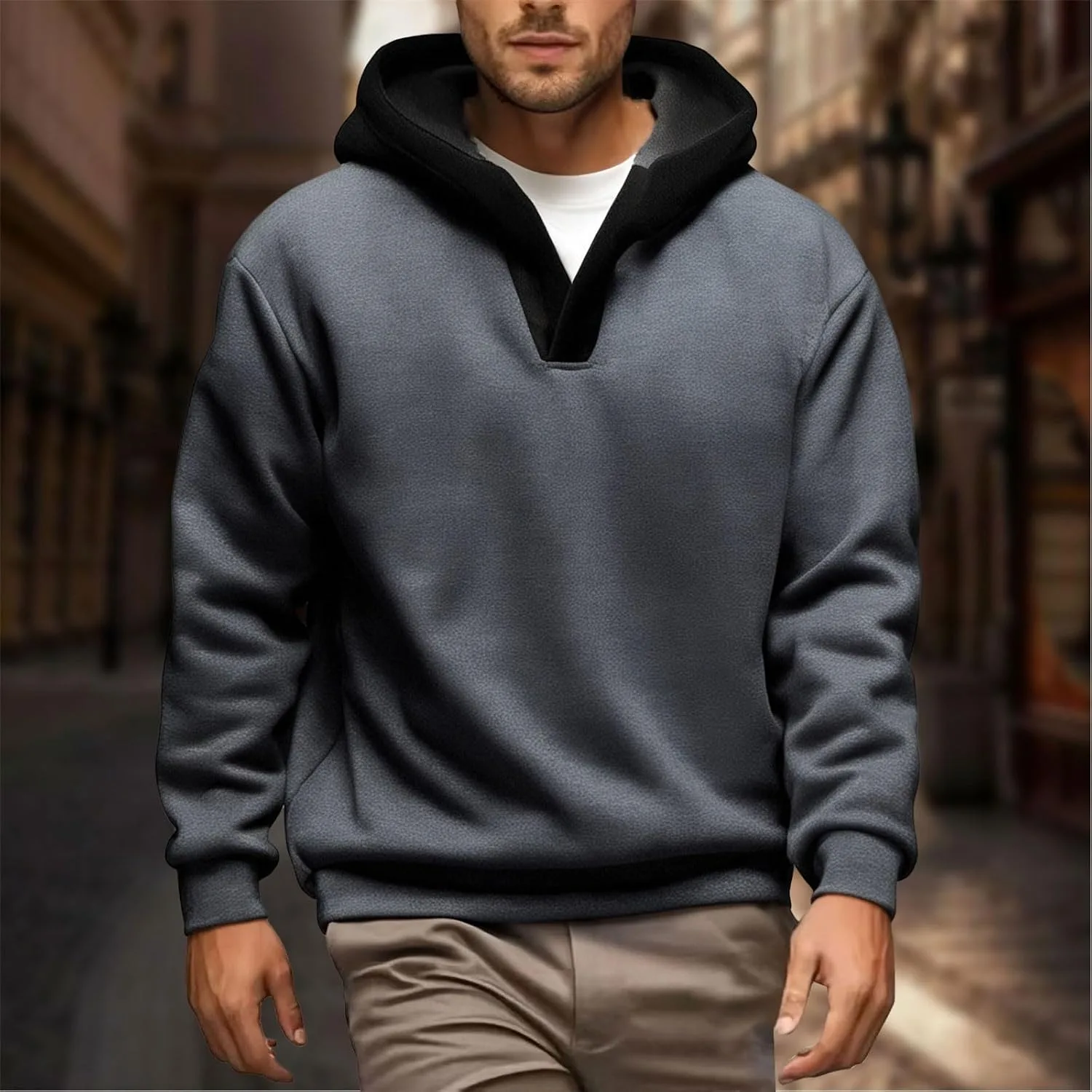 Мужская толстовка с четвертью молнии 2025 Casual Drop Shoulder Fleece с капюшоном контрастного цвета — фото 2