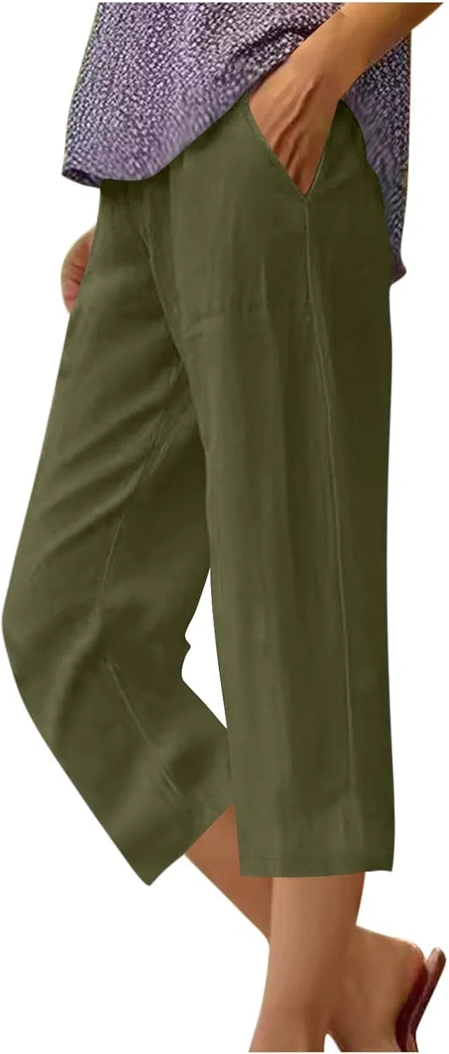 Льняные брюки Women 2026 Wide Leg Capri с карманами, летние, с эластичным поясом, модные укороченные Generic, зеленый — фото 2