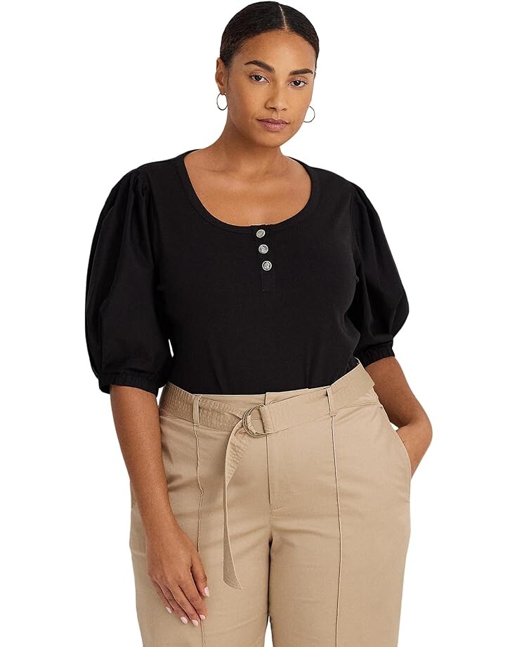 

Футболка LAUREN Ralph Lauren Plus-Size Stretch Cotton Puff-Sleeve Henley, черный