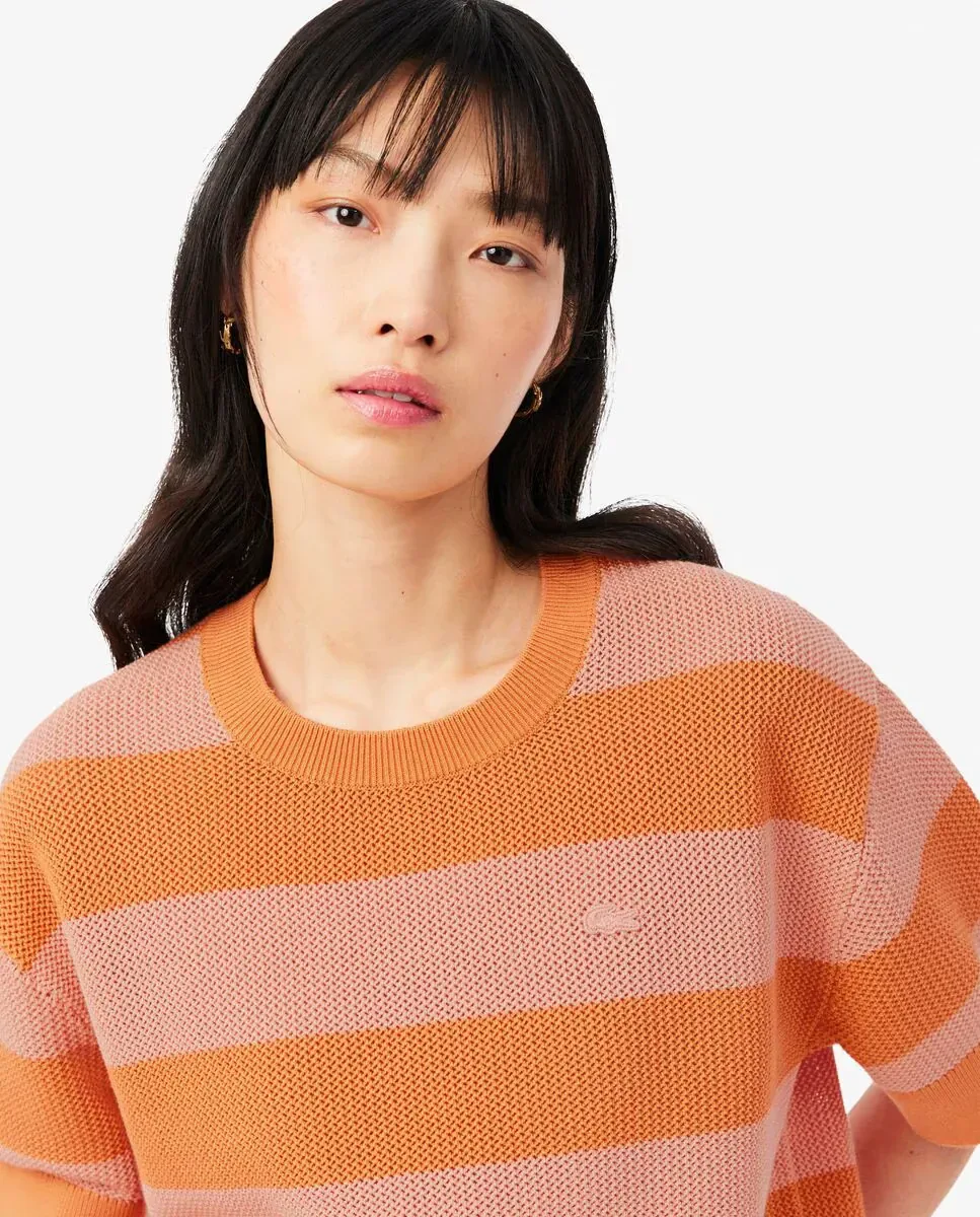 Свитер Lacoste Женский трикотажный с сеткой и полосами, оранжевый — фото 3