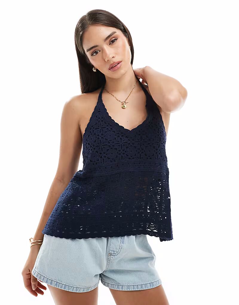 

Топ Hollister крючком с халтернеем темно-синего цвета