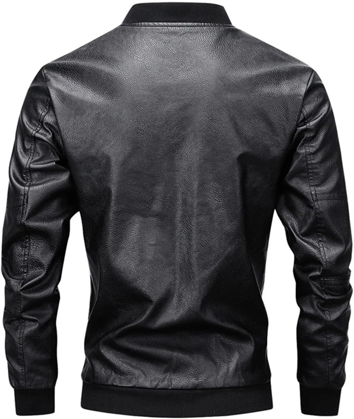 Мужская куртка-бомбер с воротником-стойкой и застежкой-молнией из искусственной кожи, винтажная повседневная куртка из искусственной кожи в стиле мотоциклетной куртки, теплая зимняя куртка в военном стиле Generic, черный — фото 2