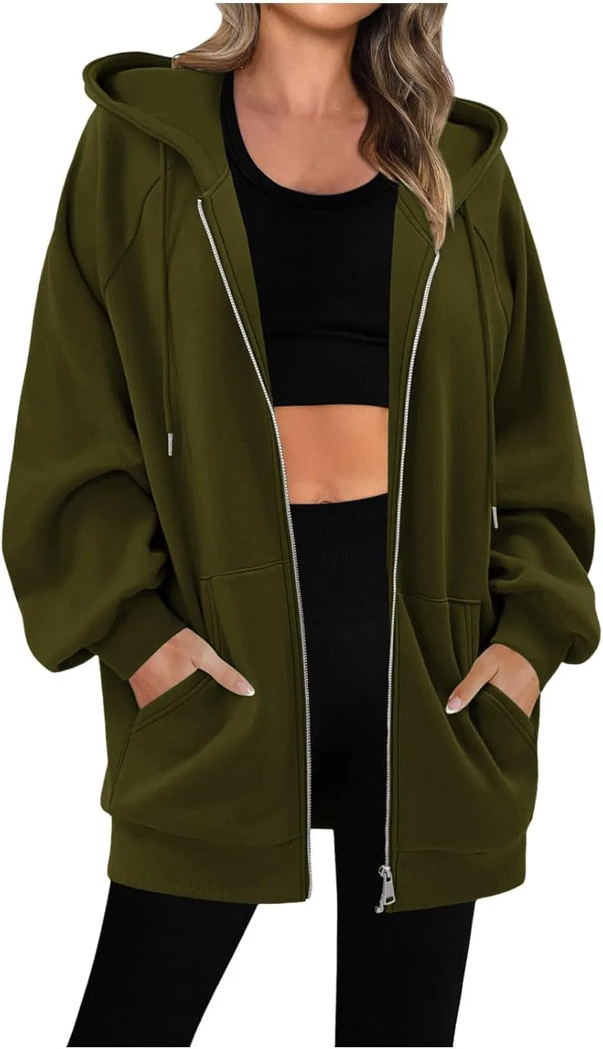 Женская худи с капюшоном, флисовая, на молнии, с карманами, Army Green — фото 2
