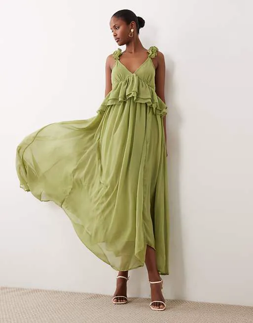 

Шифоновое платье макси с оборками Vila темно-шалфейного цвета