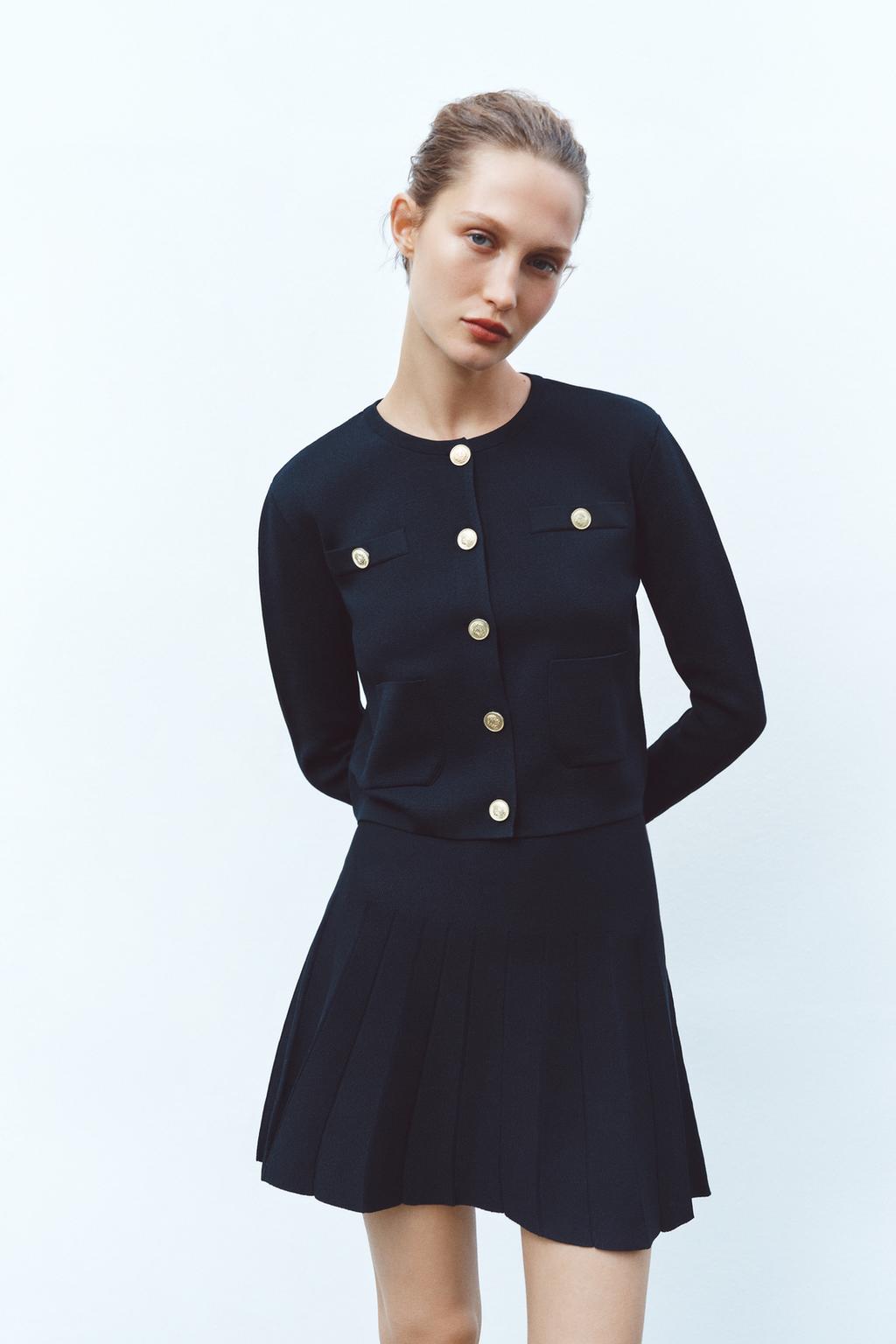 

Вязаная мини-юбка в клетку в складку ZARA, темно-синий