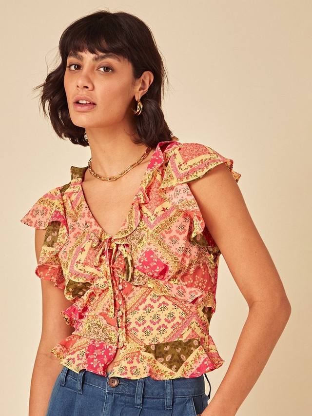 

Мариголд топ с рюшами и рукавами-колокольчиками в стиле пэчворк Nobody's Child, Multi