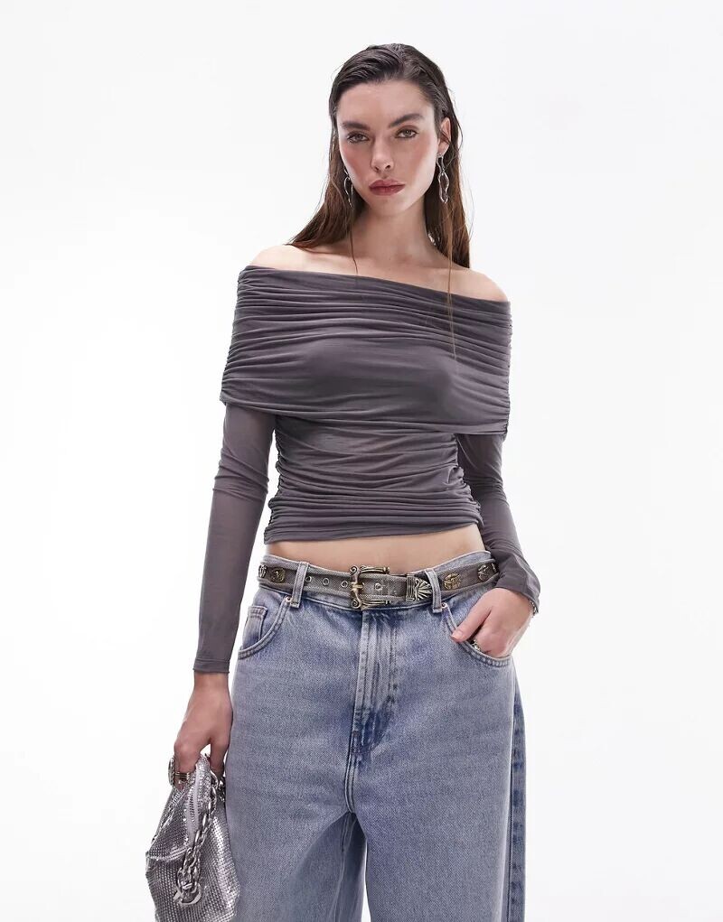 

Темно-серый прозрачный топ Carmen с длинными рукавами Topshop