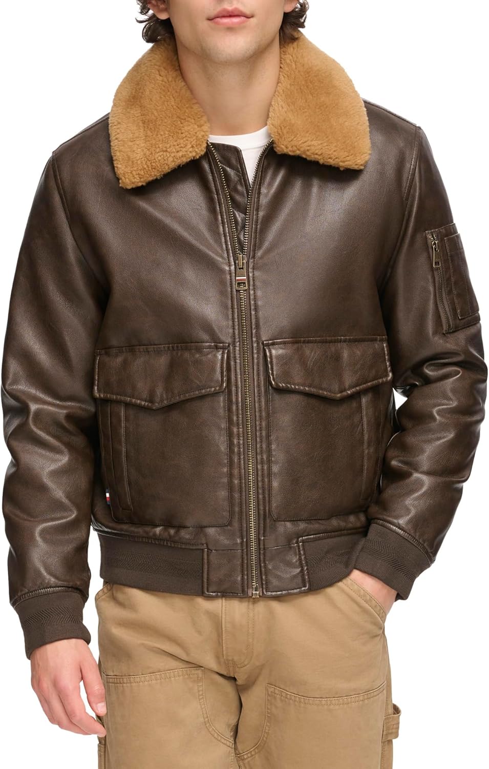Мужская куртка-бомбер из искусственной кожи Tommy Hilfiger, Dark Brown Faux Fur Collar — фото 2